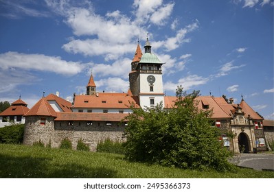 Castle with arched gate, clock tower. buildings with a white facade and with stone buildings. Stone walls. Sky with white clouds, grass and surrounding nature.