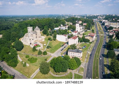 Castle in bedzin, The stone royal castle in silesia poland aerial drone photo view