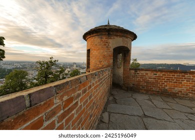 Špilberk Castle in Brno, Czechia, Czech Republic. One of the many lookout towers, guard stations at the Spilberk castle. The medieval towers offer sweeping panoramic aerial views of Brno city center.