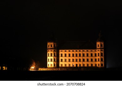 Castle By Night. Large Old White Building With A Black Sky Or Background. Skokloster, Outside Stockholm, Sweden, Scandinavia, Europe.