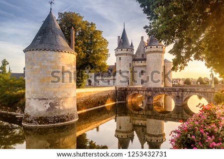 Castle chateau of Sully-sur-Loire at sunset, France, Europe. It is landmark of Loire Valley. Beautiful view of old French castle in sun light. Wonderful landscape with fairytale castle and flowers. 