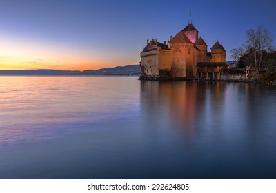 The castle of Chillon, a 13th-century castle on the shore of Lake Geneva, situated only 3 km south of Montreux, Switzerland and is one of the best preserved medieval castles in Europe.