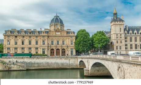 Castle Conciergerie and Commercial Court of Paris timelapse - former royal palace and prison. Bridge to Change. Conciergerie located on the west of the Cite Island and today it is part of larger