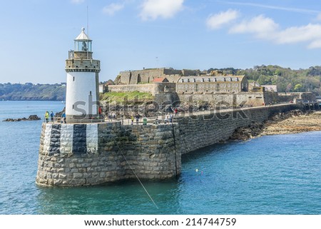 Castle Cornet has guarded Saint Peter Port for 800 years. Saint Peter Port - capital of Guernsey - British Crown dependency in English Channel off the coast of Normandy. View from English Channel.