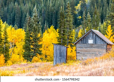 Castle Creek Road Outhouse And Wooden House Cabin Architecture In Ashcroft Ghost Town With Yellow Foliage Aspen Trees In Colorado Rocky Mountains Autumn Fall