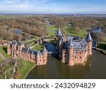 Castle De Haar or Kasteel de haar in Utrecht, Netherlands amazing drone view. The current buildings all built upon the original castle, date from 1892 Netherlands