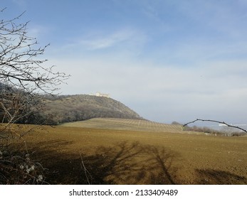 castle Devicky, Palava, Moravia region,Pavlovske vrchy, Czech Republic, aerial panorama view of Palava range,vineyards, CHKO Palava,Protected Landscape Area (Chráněná krajinná oblast Pálava)
