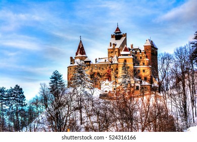 Castle Of Dracula In Bran Town, Transylvania Region, Romania, In Winter Season.