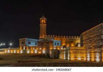 Castle of Erzurum at night. January 2021, Turkey