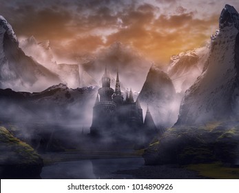 castle in fantasy landscape summer with sunset