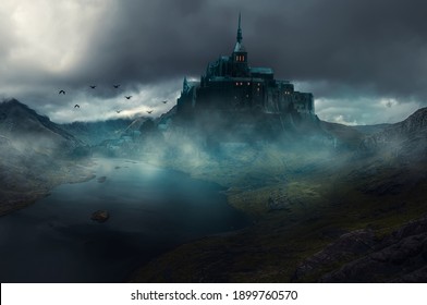 a castle with a fantasy view, cloudy and foggy              