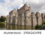 Castle Gravensteen, Gand (Gent), Belgium. View of the castle and the wall overlooking the canal.