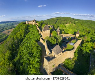 Castle of Helfstyn hovers above the valley of the Moravian Gate. The entire grounds consist of a number of utilitarian buildings and fortifications. Moravia, Czech republic - Shutterstock ID 1739629841