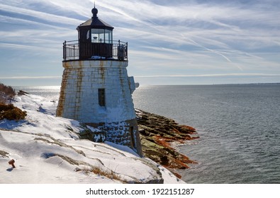 Castle Hill Lighthouse In Newport Rhode Island At Winter, USA