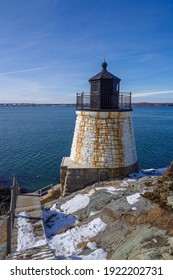 Castle Hill Lighthouse In Newport Rhode Island At Winter, USA