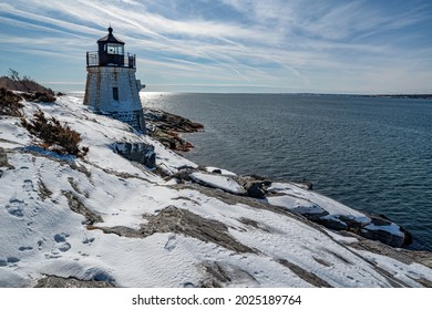 Castle Hill Lighthouse In Newport Rhode Island At Winter, USA