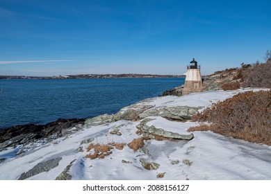 Castle Hill Lighthouse In Newport Rhode Island At Winter, USA