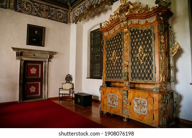 Castle Interior, Baroque And Renaissance Furniture, Golden Hall, Large Wood Carved Inlaid Cabinet With Gilding, UNESCO World Heritage Site, Gothic Castle Telc, Czech Republic, June 09, 2018