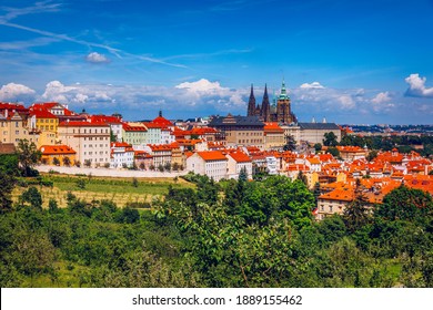 Castle and Lesser Town panorama. View from Petrin Hill. Prague, Czech Republic. Spring Prague panorama from Prague Hill with Prague Castle, Vltava river and historical architecture. Czechia.