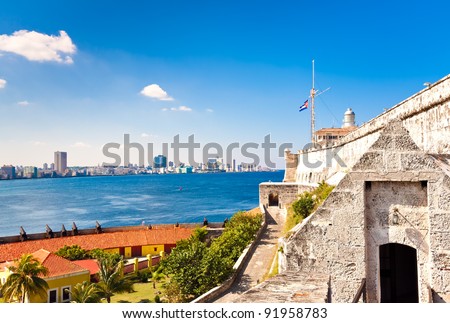 The castle and lighthouse of El Morro in Havana with a view of the city in the background
