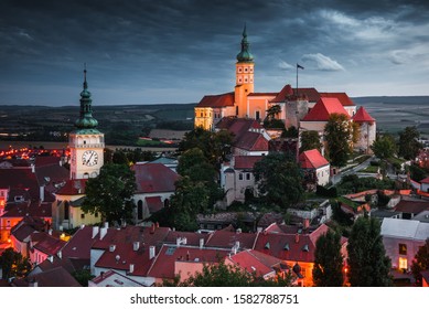 Castle in Mikulov, South Moravia, Czech Republic as Seen from Goat Tower (Kozi Hradek) at Night