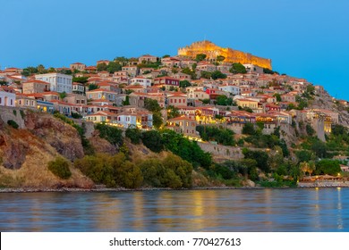 The castle of Molyvos against a clear sky on the north part of Lesvos, in the province of Ancient Mithymna, the second biggest and most important fortress in the island. Lesvos, Aegean, Greece