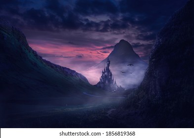 a castle in a mountain valley at sunset with a medieval atmosphere - Shutterstock ID 1856819368