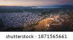 The castle on Larissa Hill, located near the town of Argos, Greece on sunrise light aerial view