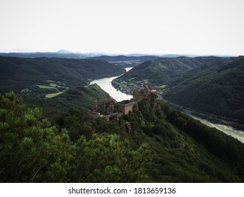 Castle Ruins Of Aggstein Castle Sitting On A Hill At Danube River Near Aggsbach Dorf In Melk District Lower Austria