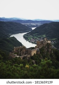 Castle Ruins Of Aggstein Castle Sitting On A Hill At Danube River Near Aggsbach Dorf In Melk District Lower Austria