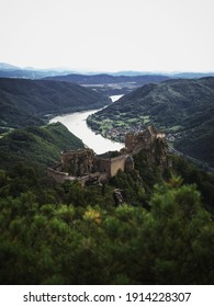 Castle Ruins Of Aggstein Castle Sitting On A Hill At Danube River Near Aggsbach Dorf, Melk District, Lower Austria