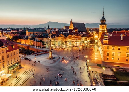 Castle Square in Warsaw at twilight, Poland. Top view cityscape of Warszawa