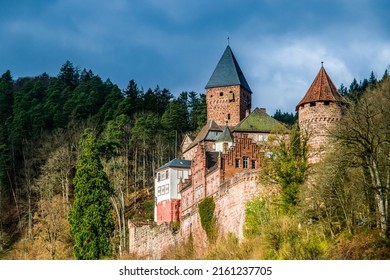 Castle towers on the hill. Fortress on the hill. Castle fortress. Medieval castle fortress in forest