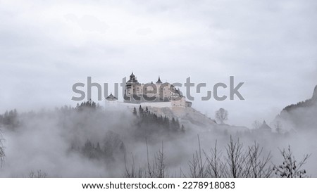 castle view with foggy forest.
