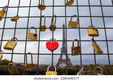 Castles Against the Backdrop of the Eiffel Tower in Paris, France. Attractions, Tourist Places. Multi-colored Locks as a Symbol of Eternal Love.