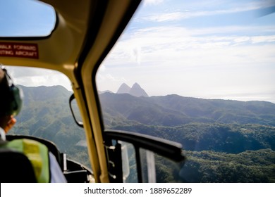 Castries, Saint Lucia - December 22, 2015: Over The Shoulder Of A Helicopter Pilot's View Of The Pitons Of St. Lucia 