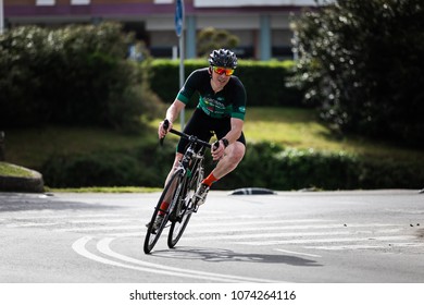 CASTRO URDIALES, SPAIN - APRIL 22, 2018: Unidentified athlete in the cycling competition during the III Duathlon Triflavi of Castro Urdiales