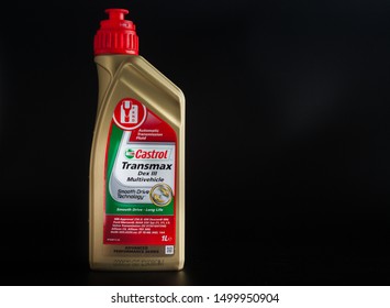 Castrol Gear Oil.Automatic Transmission Fluid Dex III On Black Background