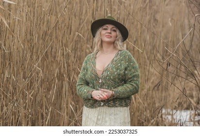 Casual Boho collection of women's clothes. Plus size European blonde woman stylish dress. Concept of sizes, happy nice natural beautiful woman - Shutterstock ID 2253037325