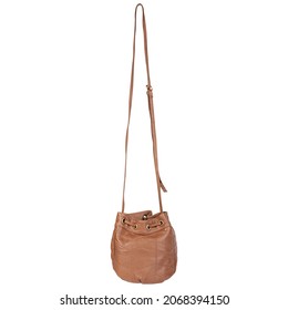 Casual Brown Shoulder Bag For Ladies. Soft Leather Handbag Or Purse With Long Adjustable  Shoulder Strap, Drawstring Closure, And Tassel. Front View.