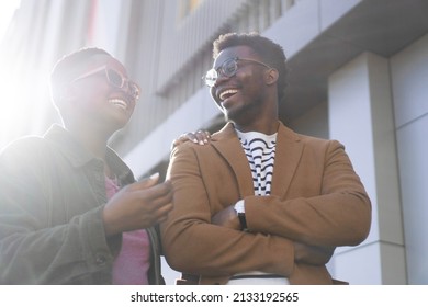 Casual Business People Outside, Talking And Smiling