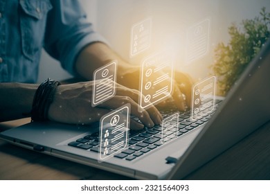 Casual Businessman and Float Contract or Agreement Document Icon. Document Management System or Database Management Technology Concept in Vintage Tone