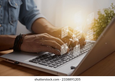 Casual Businessman and Hexagonal Agreement or Contract Document Icon. Document Management System or Database Management Technology Concept - Shutterstock ID 2338891205