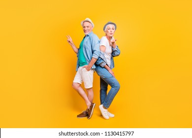 Casual denim shorts shoes clothes outfit style stylish dreamy person concept. Side turned profile full length size photo portrait of handsome granddad sweet cute grandma standing isolated background - Powered by Shutterstock