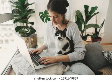 Casual Girl Working On Laptop With Her Cat, Sitting Together In Modern Room With Pillows And Plants. Home Office. Cute Cat Helping Owner During Quarantine, Loyal Companion. Stay Home Stay Safe