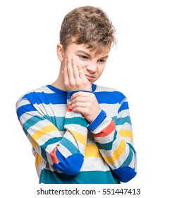 Casual Guy Have Toothache, Isolated On White Background. Emotional Portrait Of Teen Boy - Sad Child With Tooth Pain. Dental Problem - Teenager Suffering From Toothache.