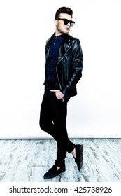  Casual Handsome Attractive Man Hipster Guy Wearing Leather Jacket  On White Background