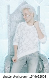 Casual Handsome Man In White Winter Fuzzy Sweater With Stars