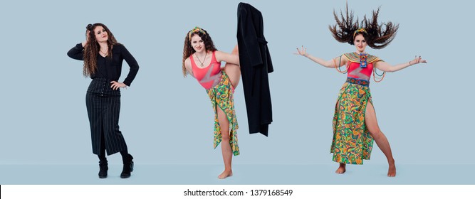 Casual Look And Dancer. Full Length Portrait. Concept - Same Woman In Different Style Clothes, Collage, Isolated Blue Background