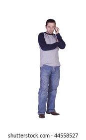 Casual Man Checking His Voice Mail On This Smart Phone - Isolated Background